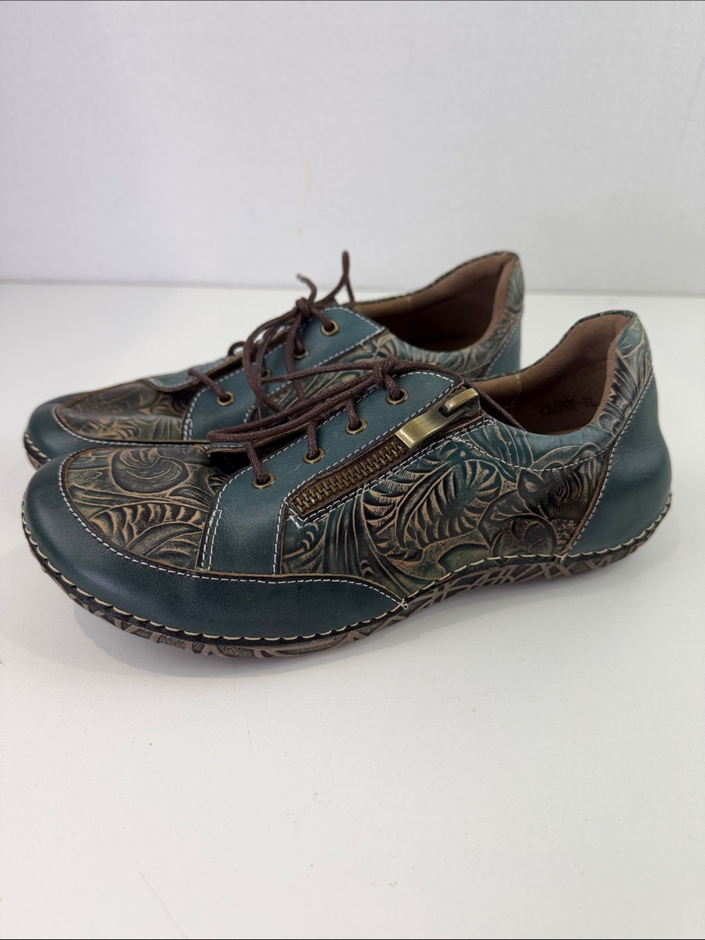 Spring Step L'Artiste Teal CLUNY Embossed Tooled Sneaker Shoe